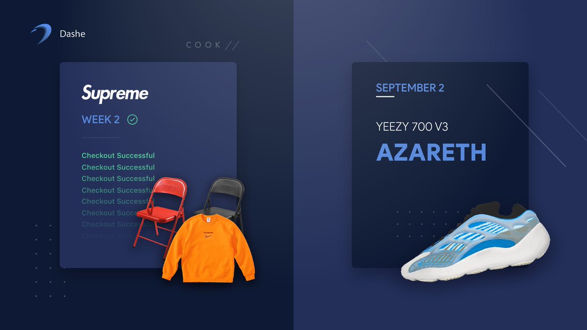 Dashe's tweet photo. This has been an extremely busy week for Dashe users! 😋🍽️

After cooking the Yeezy 700 v3 'Arzareth' release, users had great success on the Supreme x Nike Collab today. ❄️💨

Follow + Retweet &amp; we'll DM someone with a copy before tomorrow. 🥳 https://t.co/pwhEepg9yB