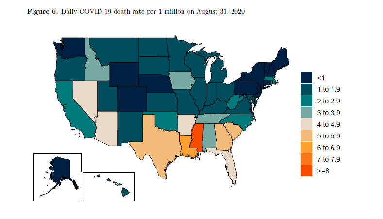The death rate is over 4 per million per day in Nevada, Arizona, Texas, Louisiana, Arkansas, Mississippi, Georgia, Florida and South Carolina. 10/14