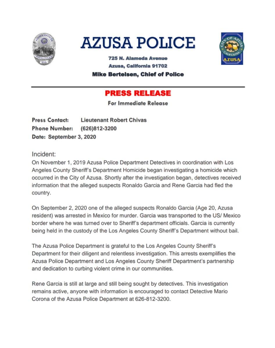 AzusaPD's tweet photo. Please see press release for details regarding arrest of a murder suspect.... https://t.co/PaAY9MHcBD