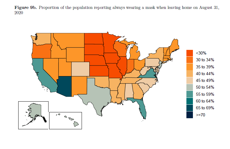 Mask use continues to decline from a peak in early August. Declines are notable throughout the Midwest. This trend is coupled with an increase in cases in some states such as Illinois and Iowa. 12/14