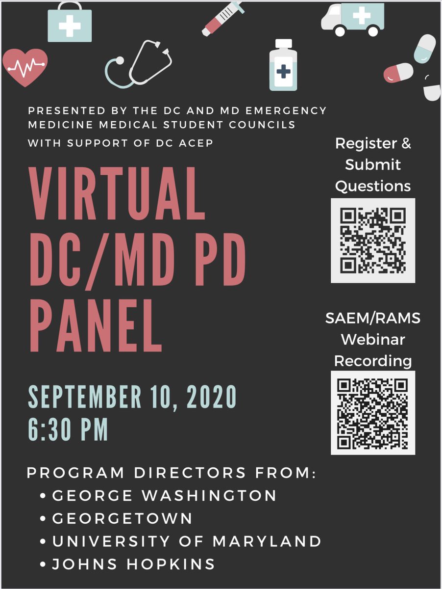 UMEM Residency (@umemresidency) on Twitter photo Interested in applying to DC/Maryland EM programs?  Chat with the PDs from <a href="/UMEMresidency/">UMEM Residency</a> <a href="/JohnsHopkinsEM/">Johns Hopkins EM</a> <a href="/GtownEM/">Georgetown Emergency Medicine</a> <a href="/GWEMresidency/">GW EM Residency</a> next Thurs, 9/10 @ 6:30pm EST!
.
Use the QR code to register and submit ?s for the panel! 
#MedStudentTwitter #EmergencyMedicine
Sponsored by <a href="/DCACEP/">DC ACEP</a> Interested in applying to DC/Maryland EM programs?  Chat with the PDs from <a href="/UMEMresidency/">UMEM Residency</a> <a href="/JohnsHopkinsEM/">Johns Hopkins EM</a> <a href="/GtownEM/">Georgetown Emergency Medicine</a> <a href="/GWEMresidency/">GW EM Residency</a> next Thurs, 9/10 @ 6:30pm EST!
.
Use the QR code to register and submit ?s for the panel! 
#MedStudentTwitter #EmergencyMedicine
Sponsored by <a href="/DCACEP/">DC ACEP</a>
