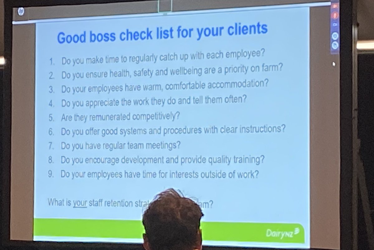 thefarmersdaug7's tweet photo. Good boss checklist, how many do you tick?? @nzipim one day forum presented by John Greer @DairyNZ. Look after your staff and they will look after you #goodboss #dontbeadick https://t.co/11yEvwCUj4