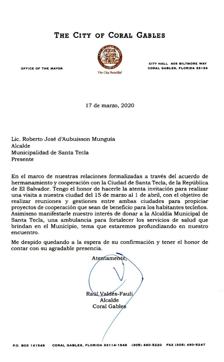 SantaTeclaSV's tweet photo. @RevistaFactum Amigos de @RevistaFactum, lamentamos no se haya tomado en cuenta la información que se envío a ustedes acerca de este tema. En los documentos enviados se encuentra la carta de invitación oficial de Coral Gables e información sobre la visita del Alcalde. 1 de 2 https://t.co/0uFrg1FKhv