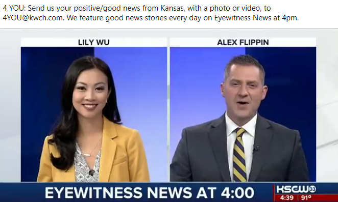 LilyWuKansas's tweet photo. 4 YOU: Send us your positive/good news from Kansas, with a photo or video, to 4YOU@kwch.com.
We feature good news stories every day on Eyewitness News at 4pm.
Thursday's stories➡️ https://t.co/jIXd49hyI8
#4foryou #4you #eyewitnessnews #kwch12 #team12 https://t.co/iIQqoensRe