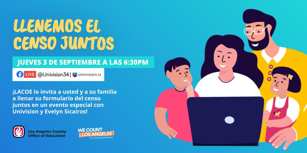 ComptonUnified's tweet photo. Este jueves 3 de septiembre a las 6:30pm, acompáñenos en un evento especial con @Univision en Facebook Live para completar su formulario del censo con Evelyn Sicairos. Contestaremos todas sus preguntas. ¡No se lo puede perder! #WeCountLA #CAstudentsCount https://t.co/ODEQl4wiCs