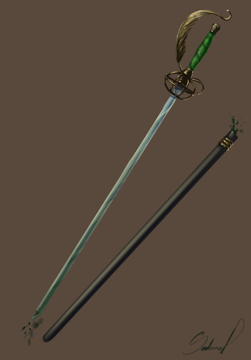  #Swordtember day 3: poison.Quill and Inkwell, a rapier sheathed in poison that has started to stain the blade a beautiful green.I do not advise licking this blade either.