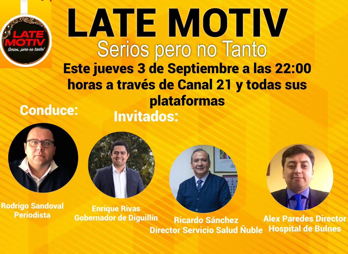 enriquerivasr's tweet photo. Hoy desde las 22 horas por @Canal_21tv y todas sus plataformas estaremos conversando con @RodrigoSandoval sobre actualidad provincial y regional. También invitados Ricardo Sánchez, director de @SaludNuble y Alex Paredes del Hospital de Bulnes. https://t.co/DvRZYjjjZJ