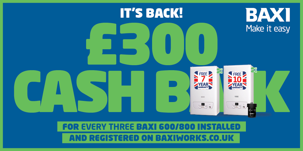 baxiboilers's tweet photo. #ICYMI Our amazing #CASHBACK offer is back!

For EVERY THREE Baxi 800/600 combi, heat &amp; system, &amp; Platinum Plus system &amp; combi boilers you install &amp; register on Baxi Works* from 01/09-30/11, we will pay £300 &amp; it’s UNCAPPED!

L👀K https://t.co/rgqHf6079Q https://t.co/G8PBd4tD3n
