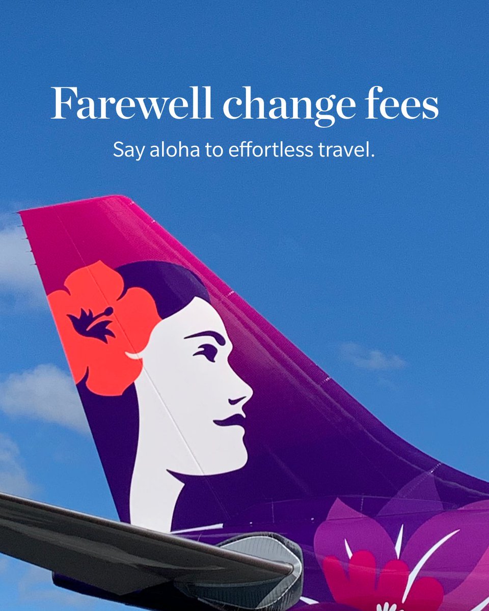 HawaiianAir's tweet photo. Farewell change fees. 👋

Starting today, Main Cabin, Extra Comfort and First/Business Class guests can now reschedule any Hawaiian Airlines flight without change fees. 

Say aloha to effortless travel. ✈️

Learn more: https://t.co/VfXF9l60YR https://t.co/sCm61TP3YH