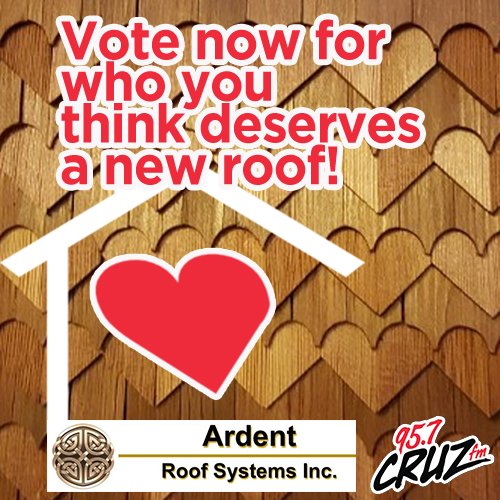 957CRUZFM's tweet photo. Today's your last chance to vote for the person you think is most deserving of winning a new roof from @ArdentRoofing. Check out the top 5 submissions &amp; vote here https://t.co/u2HIfX4Utv https://t.co/Z0tey1f9OR
