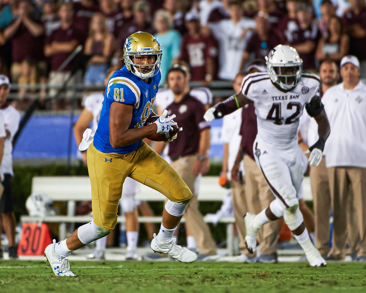 UCLAFootball's tweet photo. The school-record 1️⃣5️⃣ catches made by @calebwilson84 #OTD in 2017 helped the Bruins complete the second-largest comeback in NCAA history (10-44 ➡️ 45-44) versus Texas A&amp;M.

#GoBruins | #TBT https://t.co/p79yGyxOIe