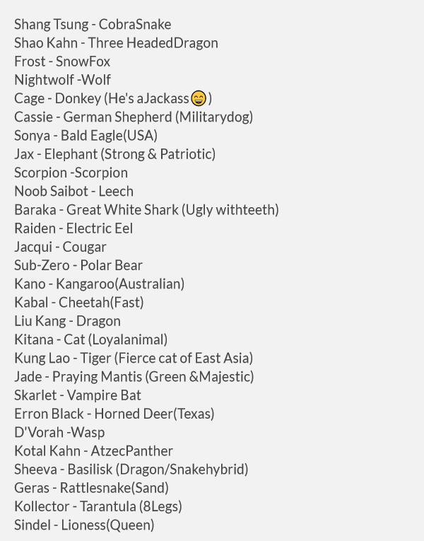 ANDimension3D's tweet photo. @syzothjpeg Well here's my list of what I think are appropriate animals to use for the Mortal Kombat 11 Characters in #Animalities (NOT including guests) #MortalKombat #MK #MortalKombat11 #MK11 https://t.co/bzcjpYOiHe