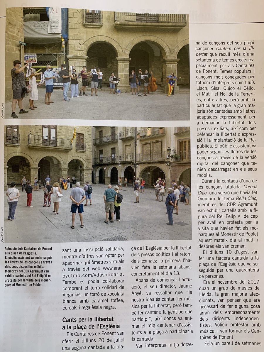 CorPaeria's tweet photo. En el darrer número de la #revistaSió d'#Agramunt s'hi fa ressò de les diferents cantades que hi hem realitzat al llarg de l'estiu. Des del #CorPlaçaPaeria #CantairesDePonent agraïm l'acollida i la participació #llibertatpresospoliticsiexiliats #revistasio @radiosio @OmniumLleida https://t.co/q8BdVN05u8