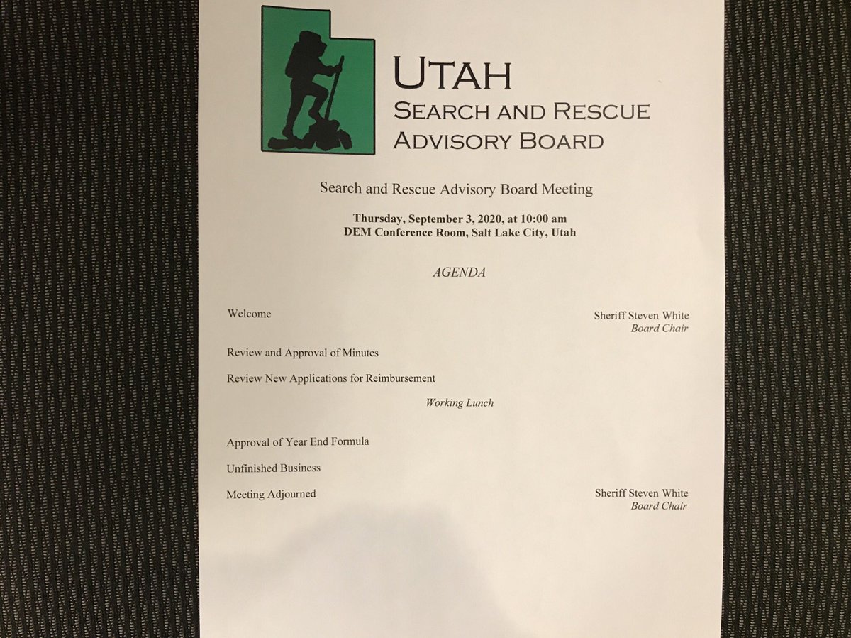 UtahEmergency's tweet photo. #TodayAtDEM 
We are hosting a socially distanced quarterly meeting of the Search and Rescue Advisory Board.

The board is approving reimbursements to sheriffs’ offices for search and rescue costs. https://t.co/8S7sZrva8y