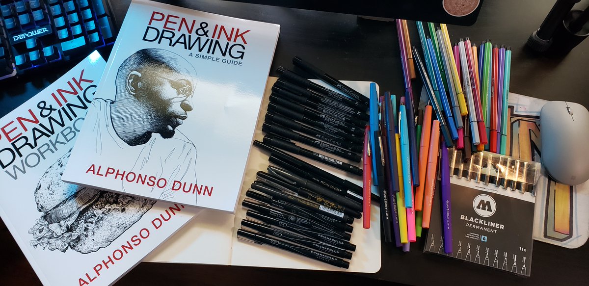 deltatangomike's tweet photo. This year I have my Ink Drawings SKETCH blackbook, #Molotowpens, #Prismacolorpens, #FaberCastellpens, #PaperMateFlair, #SakuraPens and #StabiloPens ready to go for #Drawtober #ArtOber #Pentober 

Plus my new copies of #PenandInkDrawing books by #AlphonsoDunn to lead the way! https://t.co/Y3jY7zojSP