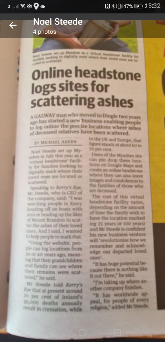 Myashes2's tweet image. An interview and photograph of MyAshes' CEO Noel Steede in today's edition of The Kerry's Eye.