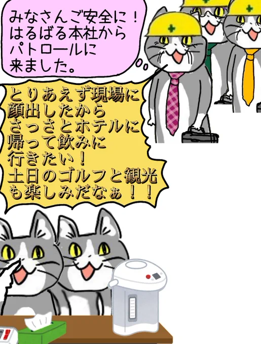 はるばる出張で現場パトロール来たのに、現場滞在時間がわすか5分の偉い猫たち #現場猫 
