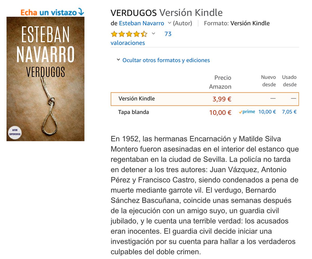Buenas noches.
Ya me disculparán, pero como soy escritor independiente, y no tengo quien me apoye, me tengo que vender yo.
Mi última novela es VERDUGOS, y la tienen a 3,99 en Kindle y 10,00 en papel.
Si la adquieren, bien. Si no, un RT es mucho:
estebannavarro.es/verdugos.html