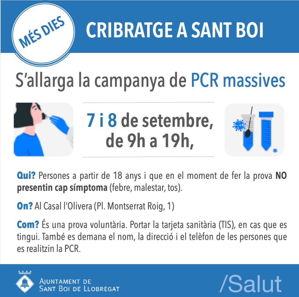 AjSantBoi's tweet photo. Davant l’èxit de participació de la campanya de cribratge massiu a #SantBoi, s’allargarà dos dies més.

🧪🏥 Dilluns 7 i dimarts 8 de setembre es continuaran fent proves PCR al Casal de l’Olivera, de 9h a 19h. 

#Covid_19 #cribratgemassiusab https://t.co/NO4OqPlSgk