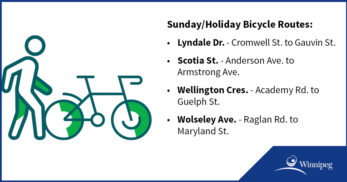 cityofwinnipeg's tweet photo. Residents are reminded that the Open Streets (Enhanced Sunday/Holiday Bicycle Routes) are in effect until September 7. Beginning September 13, four Sunday/Holiday Bicycle Routes will be in effect on Sundays and holidays only. For more details, see: https://t.co/nX2XnVcBZD https://t.co/EpKTucTVnR
