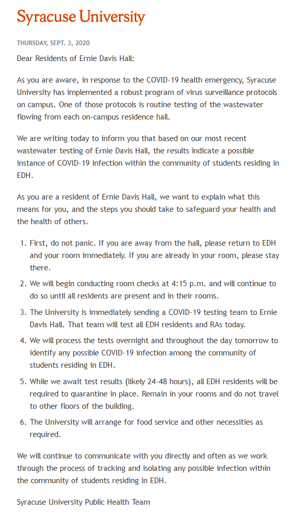 chrishipp15_'s tweet photo. BREAKING: Syracuse University's wastewater testing program has found potential traces of coronavirus in Ernie Davis Hall. Students who live in the dorm are being asked to return to their rooms. 

SU is planning to deploy its testing team to test students in the hall for COVID-19. https://t.co/AlOQGFFs9E