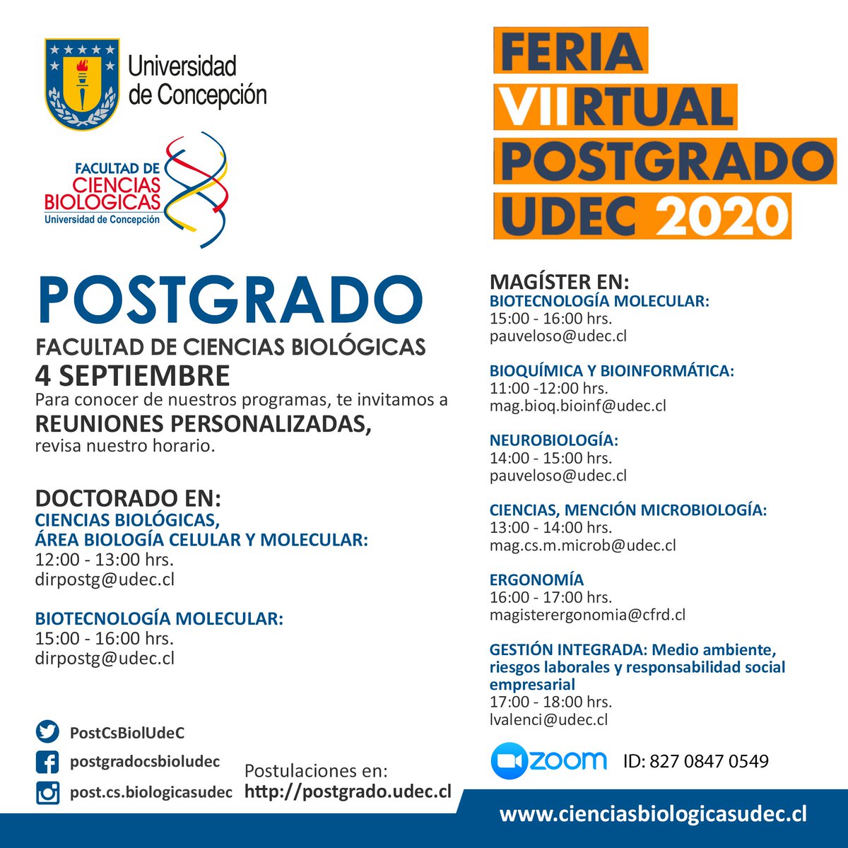 Postgrado Facultad de Ciencias Biológicas - UdeC (@postcsbioludec) on Twitter photo #AgendaUdeC
Mañana Feria Virtual de Postgrado UdeC 2020
Estaremos presentando nuestros 6 Programas de Magíster y 2 de Doctorado.
Se realizarán reuniones por cada programa para que puedan hacer consultas
Revisa el horario aquí 👇👇👇👇👇👇
<a href="/postgradoudec/">Postgrado UdeC</a> <a href="/Cs_Biolog_UdeC/">Cs. Biológicas UdeC</a> #AgendaUdeC
Mañana Feria Virtual de Postgrado UdeC 2020
Estaremos presentando nuestros 6 Programas de Magíster y 2 de Doctorado.
Se realizarán reuniones por cada programa para que puedan hacer consultas
Revisa el horario aquí 👇👇👇👇👇👇
<a href="/postgradoudec/">Postgrado UdeC</a> <a href="/Cs_Biolog_UdeC/">Cs. Biológicas UdeC</a>