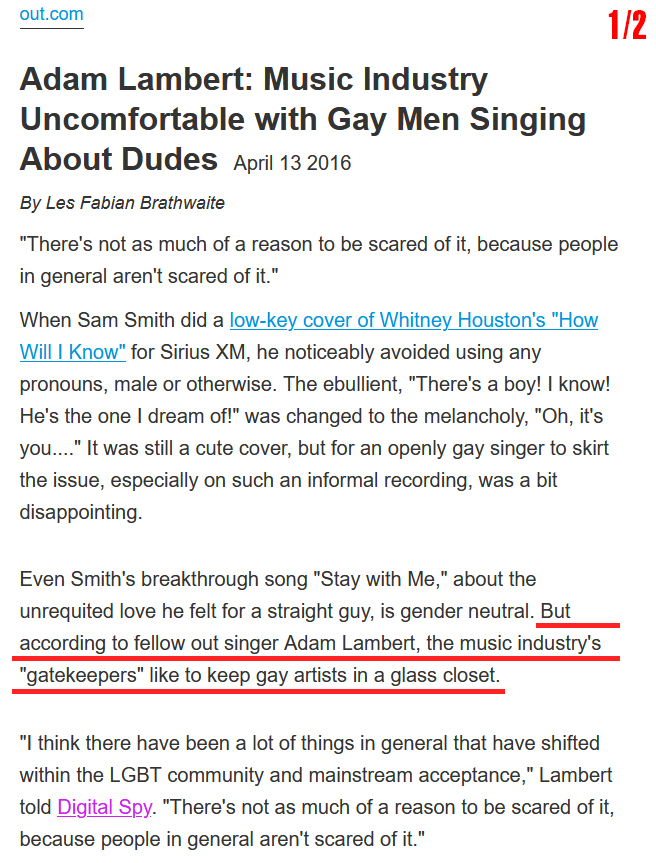 TotallyLost4You's tweet photo. According to singer Adam Lambert, the music industry's "gatekeepers" like to keep gay artists in a glass closet. The music industry is notoriously slow to catch up with the times. He'd like to see more mainstream acts helping to change attitudes in the music industry. ๐๐ณ๏ธโ๐ ๐ https://t.co/jOWa5RciUO