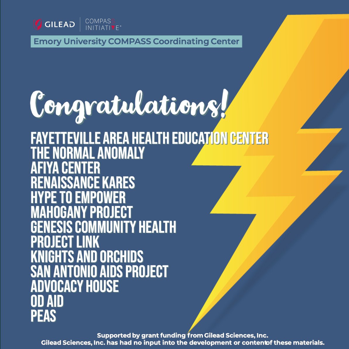 The Emory University COMPASS Coordinating Center is proud to announce our @gileadsciences COMPASS Initiative PoWER Grant Writing Seminar cohort. Join us in congratulating these amazing orgs! 

@DaNormalAnomaly @MahoganyProject @hype2empower @SRAHEC_NC @SanAntonioAIDS @TheAfiyaCtr