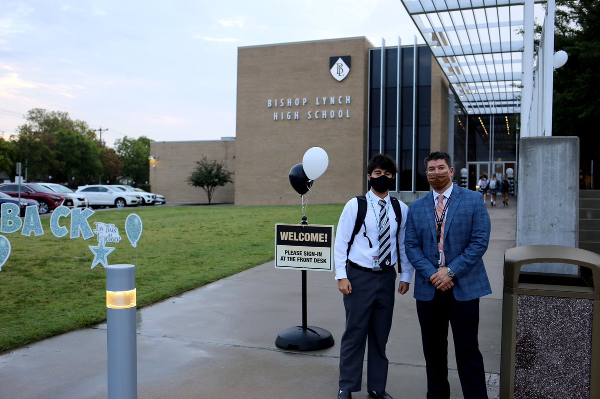 BLPrez's tweet photo. It has been 175 days since we last had students on campus.  Today was a day to celebrate the re-opening of @BishopLynch as we welcome back our students, faculty, and staff.  Proud of the planning and preparation to bring our community back safely. #ProudPresident #Thrive https://t.co/PMVkdKmWuK