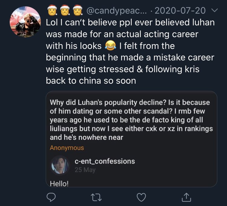 3. all her comments on the exo ot12 situation: she invalidates yifan and lu’s health and reasons for leaving (claiming yifan’s myocarditis was exaggerated, claiming lu only left for money, etc.)