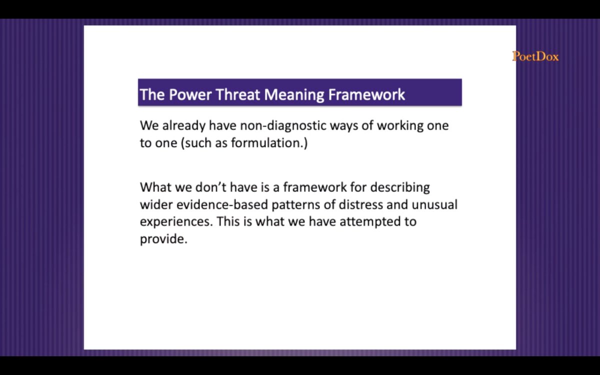 Cannot wait to learn more about the #powerthreatmeaningframework - an alternative to more traditional models based on psychiatric diagnosis - with Dr Lucy Johnson @ClinpsychLucy tomorrow. Check out these gems from one of her talks - I'm loving it.