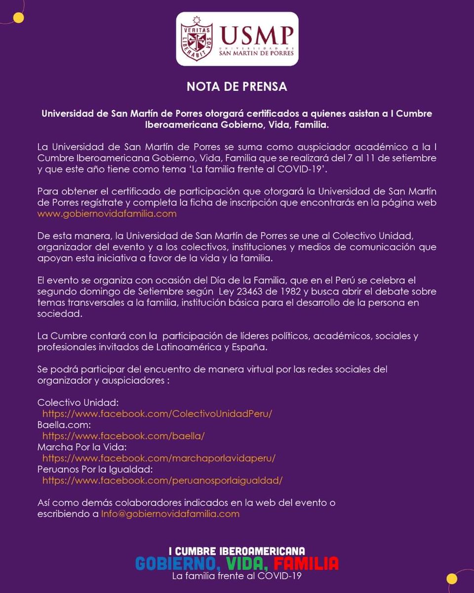 ColectivoUnidad's tweet photo. Adjuntamos la siguiente NOTA DE PRENSA y nuestro agradecimiento a la UNIVERSIDAD DE SAN MARTÍN DE PORRES por el Auspicio Académico de la I CUMBRE IBEROAMERICANA Gobierno, Vida, Familia.
#GobiernoVidaFamilia
https://t.co/HViCtjrFDH https://t.co/90zRbHEYgg