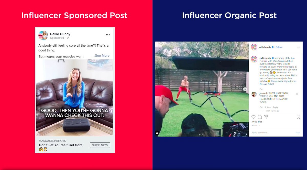 3/ Here’s a visual of an influencer sponsored ad alongside an influencer organic post for reference.