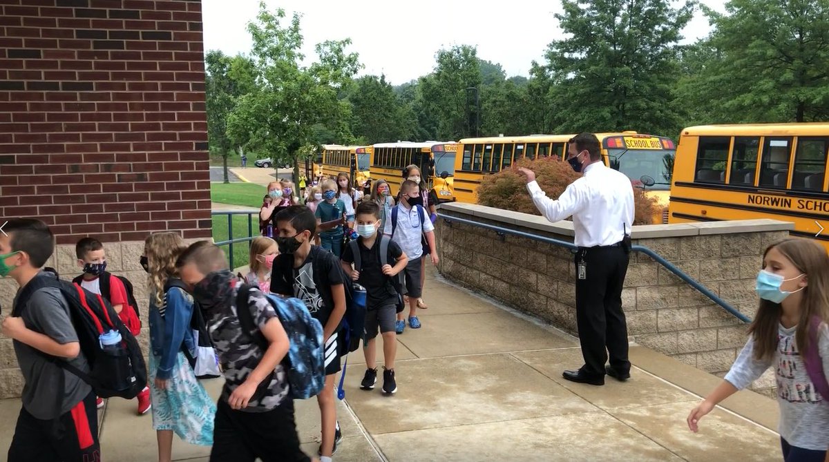NorwinSD's tweet photo. Welcome back, Norwin students! Today, the School District welcomed back Gold Group students for their first day of in-person instruction. Here are photos from Sunset Valley, Sheridan Terrace, and Hillcrest Intermediate School. #NorwinStrong https://t.co/aYEOGMtF0q