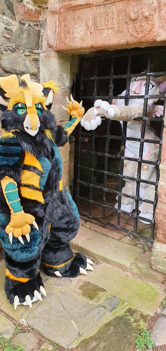 SGSuits's tweet photo. Some photos of Loki with her sister suit, Boba! These were taken last week by the owners at the perfect location, an abandoned castle tower... complete with a trellis gate! 

Loki: @Booshietwoshoes 
Boba: @LapresOfficial https://t.co/lBsW8RrDmr