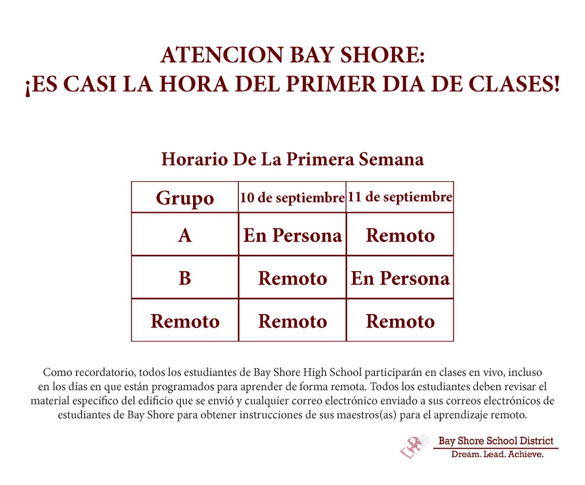 Reminder: The first day of school is September 10, 2020. Group A will attend school in-person that day. Students in Group B will have their first day of in-person classes on September 11, 2020. #DreamLeadAchieve