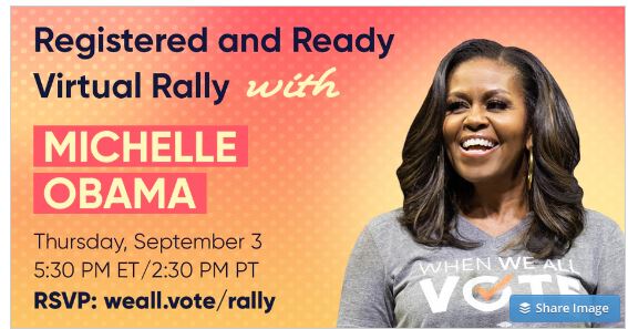 EYBlogger's tweet photo. I’m attending When We All Vote’s event, “Registered and Ready Virtual Rally with Michelle Obama” – sign up now to join me! Starts at 5:30 pm ET/2:30 PM PT.
https://t.co/MTEitDOW8q
#ExpressYourselfVote #VoteInformed #VoteAllElections #WhenWeAllVote https://t.co/4uju74bPB5