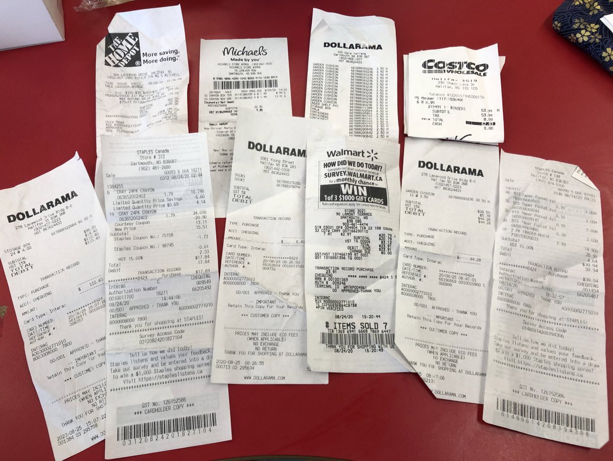MsChesnutt's tweet photo. Teachers need to #StepUp? These are receipts for things I purchased with my own money to keep kids safe and learning in my classroom this year.  Teachers don’t need to step up... we need to be heard. #SafeSeptemberNS @NSTeachersUnion @withwozney @zachchurchill https://t.co/RXm1gqzeWE