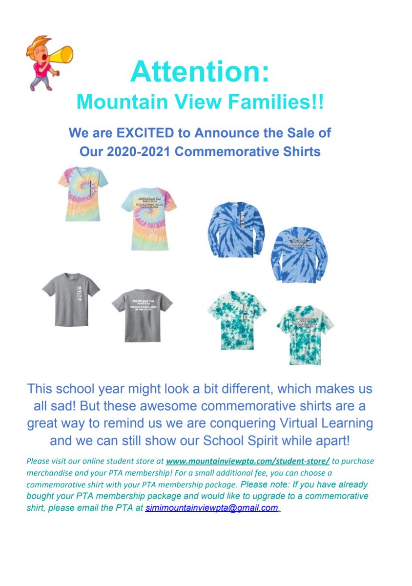 MountainViewPTA's tweet photo. Check out MViT PTA's NEW Commemorative Spirit Shirts! See flyers for details on cost and combo offer with PTA membership. And! We are thrilled to offer an online student store where you can make purchases. Please check out https://t.co/H14lhK9VVP for more details! https://t.co/uguEKydgqS