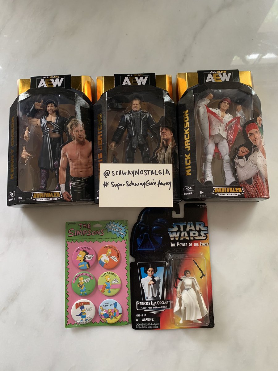 SchwayNostalgia's tweet photo. The #SuperSchwayGiveaway continues! 1. RT this tweet! 2. That’s it! | We will Pick a winner after #AEWAllOut on Saturday! Who will get to choose 1 item from the pictures! | Take 20% off https://t.co/pTg8hX0EaL items w/ code: AEW | #AEW #ScratchthatFigureItch #starwars #Simpsons https://t.co/okWzYu3MM0