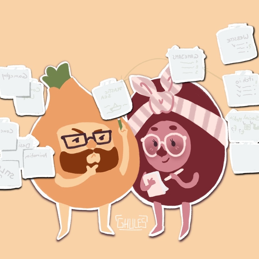 BeansOnions's tweet photo. Did you see our new header? Bean drew it in @Procreate to ring in our hopefully increased activity. ;) it shows us in part planning our #gamejam game "Plastic Sea" from #myfirstgamejam 2 years ago. 
#digitalart #projectplanning #relationshipgoals #nerds https://t.co/X1bU1alI6g