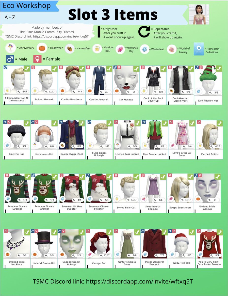 K24018183's tweet photo. Eco Workshop Items

If you see an error, please comment what the error is, and a screenshot of the item that showed up and what slot it was in. Then I will edit the graphics. I will try my best to make this graphic as accurate as possible!

#TheSimsMobile https://t.co/Hq5JeqIBOI