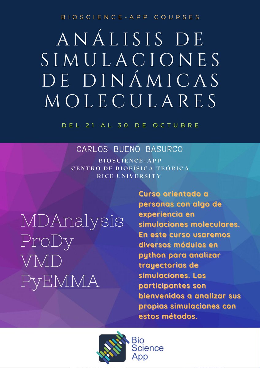 AppBioscience's tweet photo. CURSO ON-LINE
ANÁLISIS DE SIMULACIONES DE DINÁMICAS MOLECULARES
Si quieres tener los detalles del curso, llenar este formulario, le estaremos enviando la información.
https://t.co/0lYijkLoPz
#BioScienceApp #Bioinformatics #DinámicaMolecular #MDAnalysis #ProDy #VMD #Python https://t.co/VuZPBWfd0N