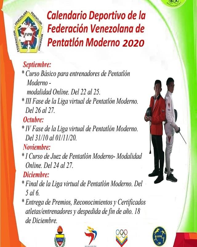La FVPM informamos a nuestras Asociaciones Afiliadas, sobre nuestro Calendario de evento de lo que resta del año 2020.
¡Vamos por más! A pesar de las adversidades el Pentatlón Moderno Venezolano no se detiene.
<a href="/indeporteve/">Instituto Nacional de Deportes</a>  <a href="/covofficial/">COVO</a> <a href="/puntoolimpico/">Punto Olímpico</a> <a href="/lsalas02/">Luis Salas</a> <a href="/juanamarante/">juan carlos amarante</a>