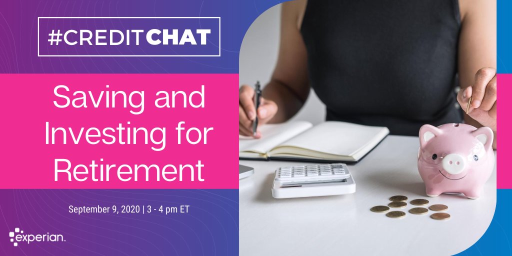 Experian's tweet photo. Interested in learning how to save &amp; invest for retirement? 💰 Join our #CreditChat next Wednesday at 3 pm ET to learn how to financially prepare for retirement. 

🎁 RSVP for your chance to win one of two $50 Amazon gift cards: https://t.co/Tqye2cUmXf https://t.co/cJ6UpYrVHH