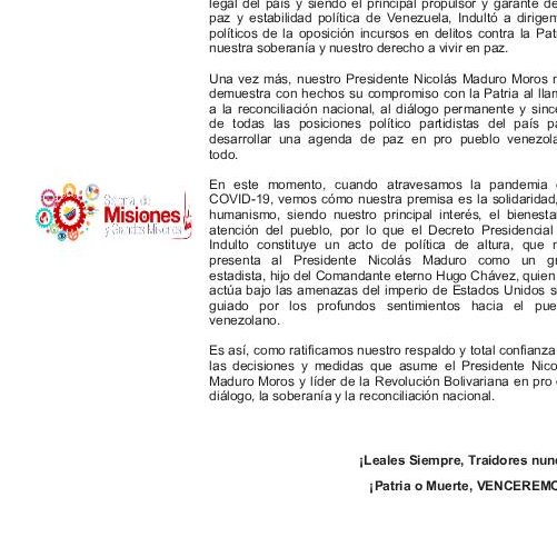 El <a href="/andresbellosom1/">@andresbellosomos</a> ratifica su respaldo a nuestro Presidente <a href="/NicolasMaduro/">Nicolás Maduro</a> en cuanto a otorgar el indulto a Dirigentes políticos de la derecha Venezolana,todo por la PAZ y Reconciliación,Leales Siempre Traidores Nunca <a href="/NicolasMaduro/">Nicolás Maduro</a> <a href="/FreddyBernal/">Freddy Bernal</a>