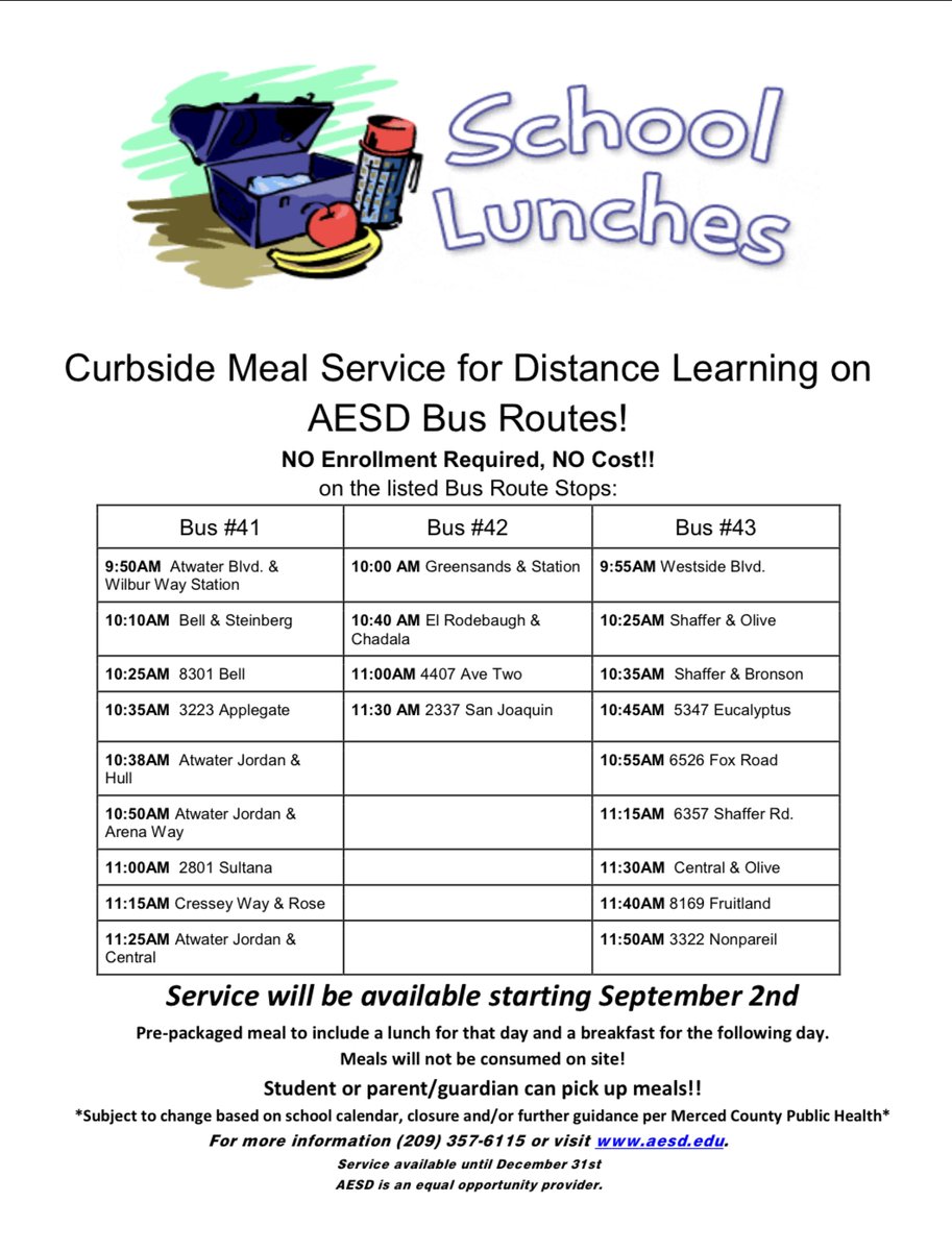 Curbside Meal Service for Distance Learning at AESD Sites! 
NO Enrollment Required, NO Cost!! 
All children (18 and under) can now receive meals at no cost and they don’t have to be enrolled in AESD. Meal cards are not required at this time.