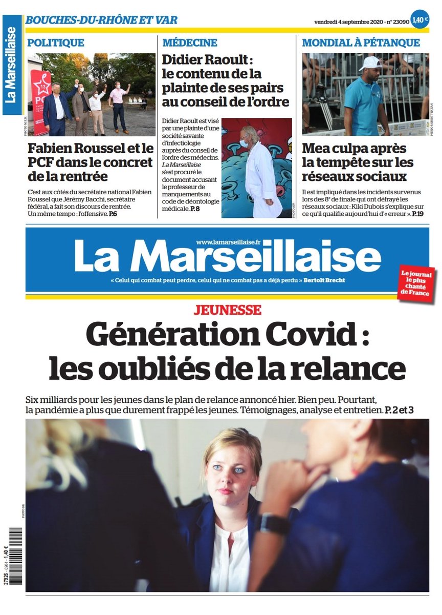 LeoPurguette's tweet photo. #ÀlaUne de La Marseillaise @lamarsweb du 4 septembre 2020 #GenerationCovid #jeunes #PCF #Roussel #Raoult #MLM2020 En kiosques et sur https://t.co/v33E8KieoH https://t.co/xkf9PAcRd3