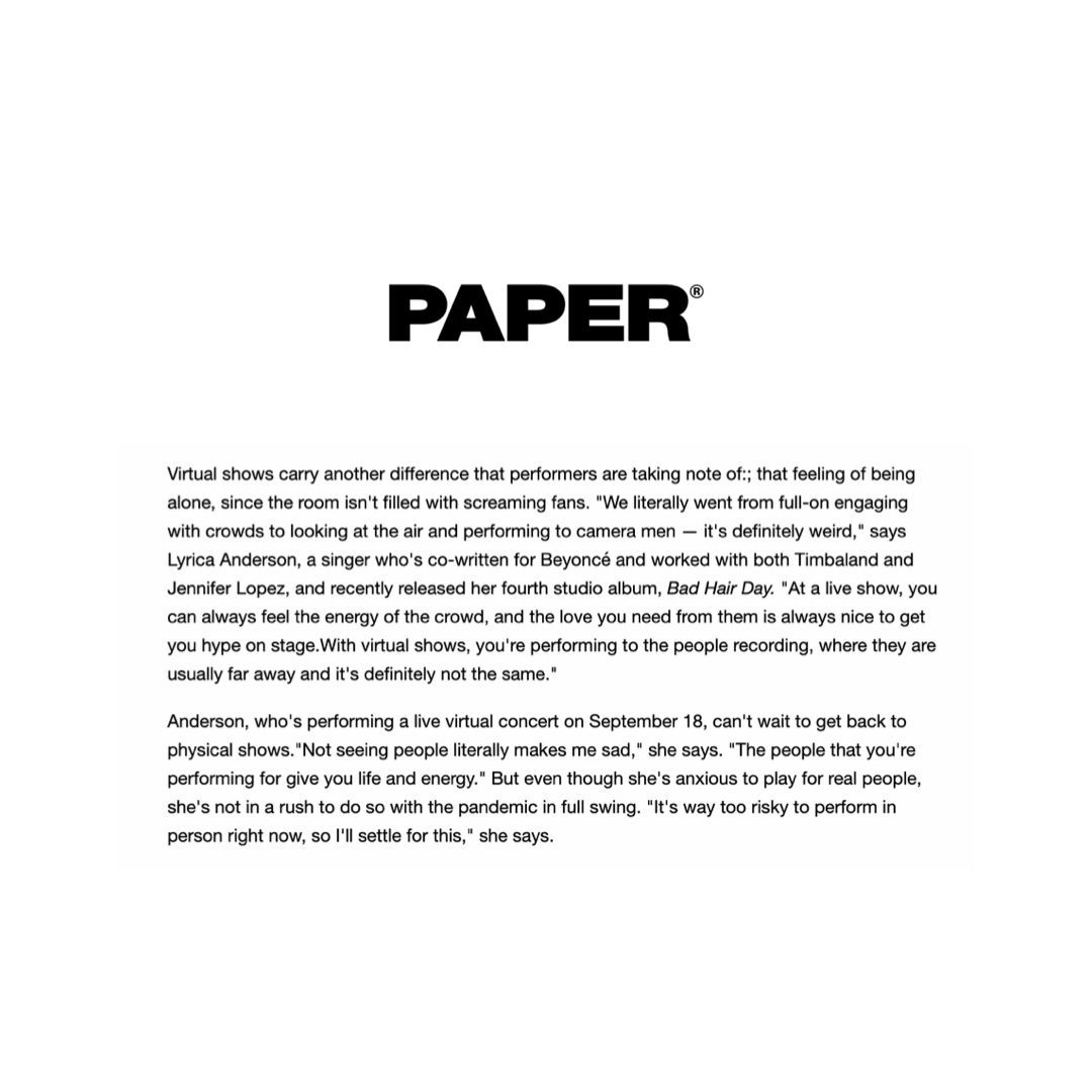 mediumcreative's tweet image. EXCLUSIVE: @lyricaanderson talks virtual performances versus live shows, her new #BadHairDay LP, and more w/ @papermagazine ahead of her @TheRealRapPlug concert on September 18th!

📝 Read Story: bit.ly/2GsazuK

🎟️ Buy Tickets: bit.ly/3hYjMsm