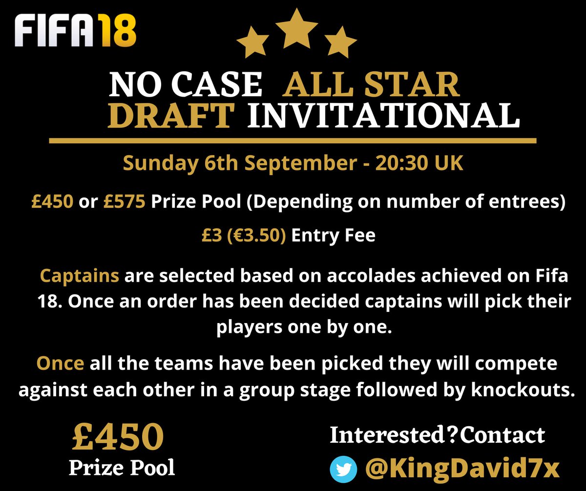 KingDavid7x's tweet photo. Fifa 18 All Star Draft.
To be entered into the draft discord chat, you must first pay the Β£3 or β¬3.50 entry fee
Details on how to make the payment will be in the replies π
#NoCaseDraft π https://t.co/36t0LKUpYs
